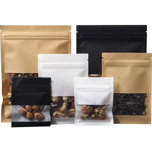 Resealable Brown/White/Black Paper Clear Window Zipper Bag Heat Sealing Sugar Snack Tea Capsule Seeds Window Packaging Pouches