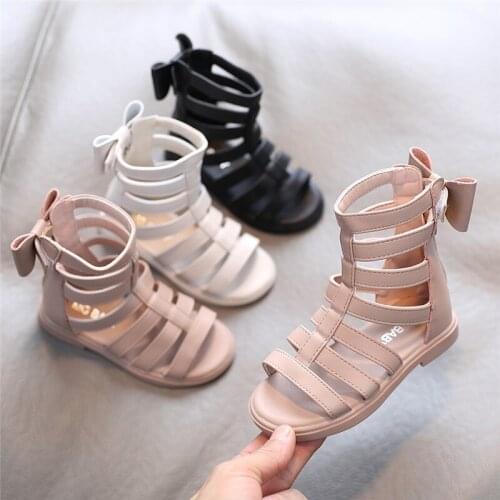 Girls Sandals 2021 Summer Kids Gladiator Sandals Boots Back Bow Roma Shoes Narrow Band Princess Shoes For Child Baby Black Begie