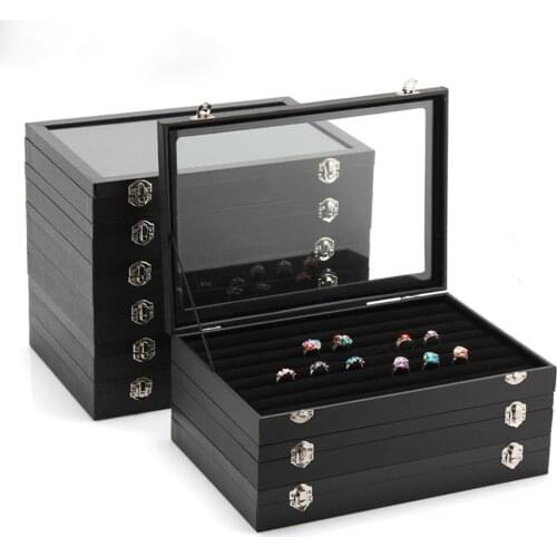 High Quality Leather Cashmere Jewelry Storage Box Ring Necklace Earrings Jewelry Box Transparent Glass Cover Jewelry Display Box