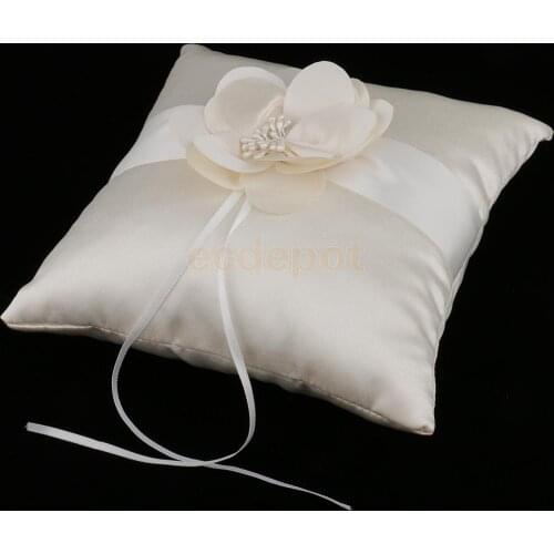 Wedding Ceremony Satin Flower Ring Pillow Ring Bearer Cushion Champagne Romantic Ring Pillow Decorated with Satin Rbbon Flower