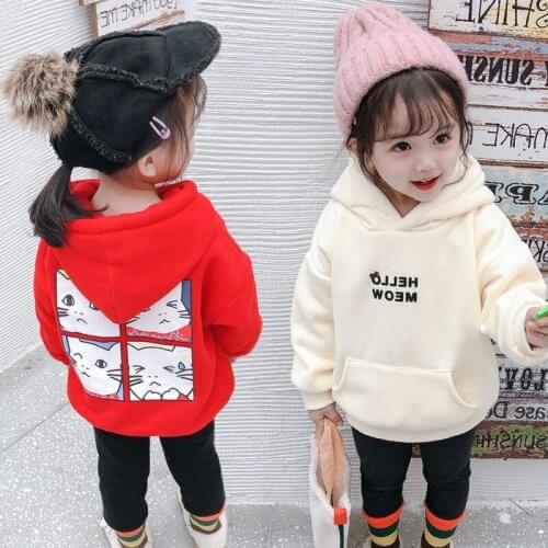 Girls' Hoodies Sweatshirts Kids Outwear 2021 Cat Velvet Thicken Warm Winter Autumn Cotton Fleece Plus Size Childrens Clothing