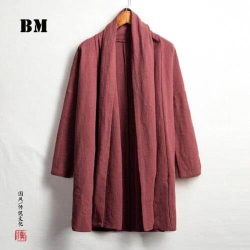 2021 Chinese Style Spring Mid-Length Windbreaker Jacket Casual Road Robe Linen Solid Color Hanfu Harajuku Cardigan Men Clothing
