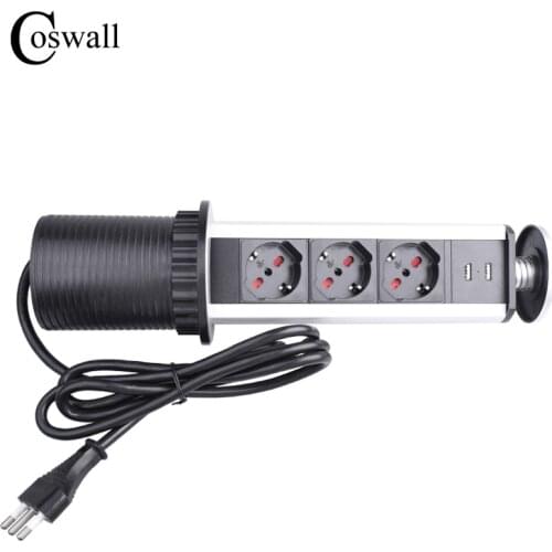 COSWALL PULL POP UP 3 Socket 2 USB Charge Port Kitchen Table Desktop Outlet Retractable Italy / Chile Plug Aluminum Body