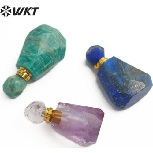 WT-P1487 Perfume Bottle Pendant Yellow Crystal Amethyses Rose Crystal Smokey With Gold Electroplated Double Hoops Connector