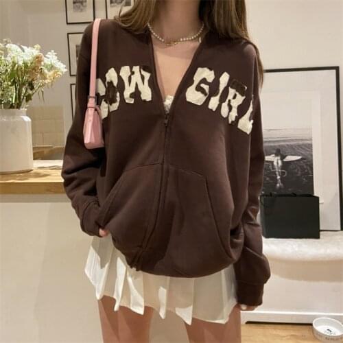 Zip-up hoodie women vintage letter printing Y2k aesthetic casual long-sleeved pullover hip-hop streetwear punk E-girl outerwear