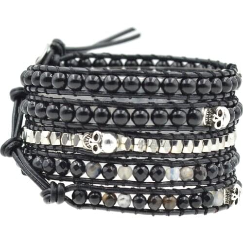 Asingeloo natural stone beads 5 wrap leather bracelets bohemia for women alloy handmade