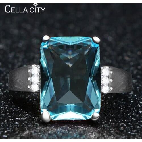 Cellacity Geometry Aquamarine Ring for Women Silver 925 Jewelry for Party Huge Rectangle Gemstones Female Gifts Party Size6-10