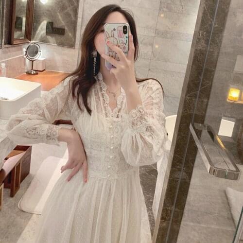 Wenfly Women Hot Sale Lace Mesh Patchwork Sweet Fairy Dress V-neck Bohemian Button French Long Sleeve Elegant Dresses Mid-Calf