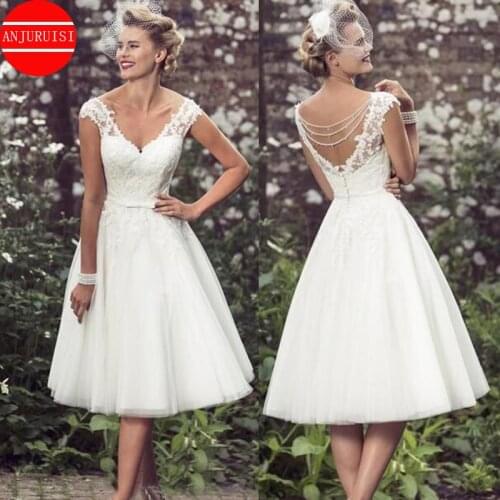 ANJURUISI Elegant Knee-Length Wedding Gowns V Neck Cap Sleeves Appliques Lace Tulle Baridal Gown Short Wedding Dresses 2019