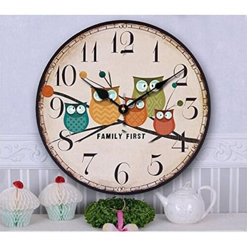 ZORASUN 14 Inch Cute Wall Clock Modern Family Animated Cartoon Decoration Wood Clock Painted Owl Lovely Style Silent Quartz