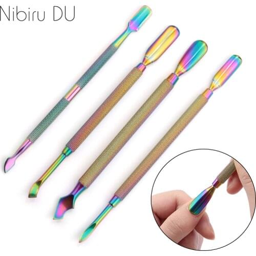 1 Pcs Double Head Rainbow Stainless Steel Cuticle Pushers Remover Dead Skin Removal of nail polish for Nail Art Cleaner Tool