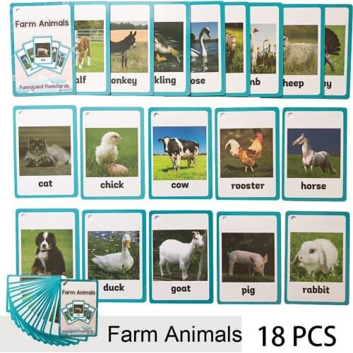 18 Pcs/Set Sea and Farm Animals English Word Pocket Flash Card Children Learning Card Early Educational Toys