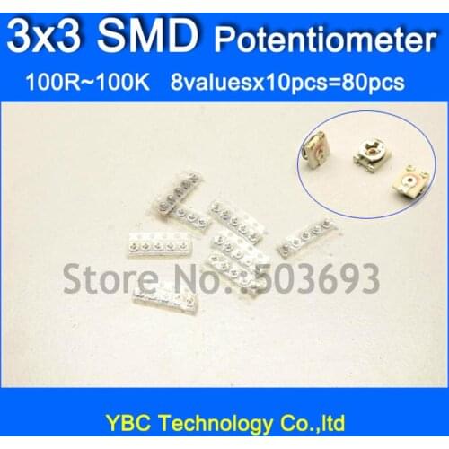 8valuesx10pcs=80pcs 3*3 SMD Potentiometer 3X3 Potentiometer 100R 200R 1K 5K 10K 20K 50K 100K Variable Resistors