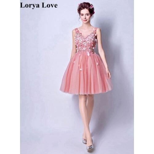 Appliques Pink Cocktail Dresses 2020 Sleeveless Illusion A-Line Tulle Graduation Gowns Short Prom Dress Homecoming Party Dress