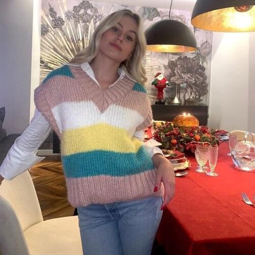 Ardm Fashion V Neck Color Strap Woman Sweaters Knitted Sweater Vest Sleeveless Vintage Woman Pullover Mujer Suéteres Chic Top