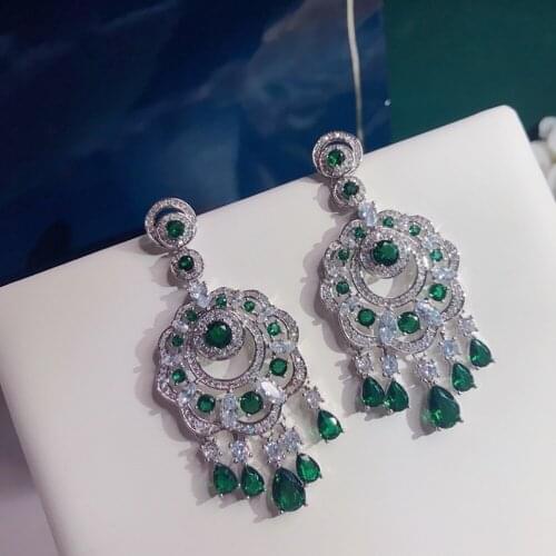 Brand Fine Custom Luxury flowers For Women Fan Wedding Green Crystal Party Jewelry Big Design Party Banquet Stud Earrings