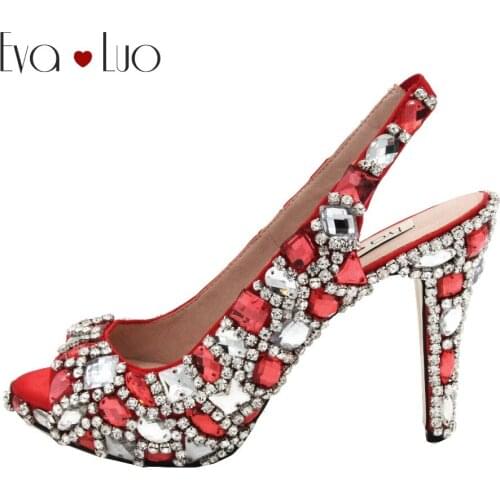 CHS947 Luxury Custom Handmade Crystal Red Silver Slingbacks Dress Pumps Bridal Wedding Shoes Big Size Women High Heels Shoes