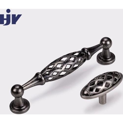 HJY European Birdcage Cabinet Handle Hollow Out Furniture Drawer Pulls Knobs Zinc Alloy Kitchen Cupboard Black Handles Hardware