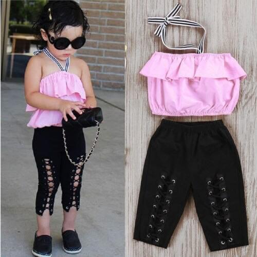 2pcs Fashion Girls Clothing Set Summer Baby Girls Clothes Pink Top Ruffle+Cross Bandage Pant Children Clothing Dropshipping