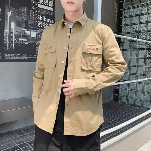 Hot Spring Trend Korean Version of The Campus Long-sleeved Mens Loose Lapel Solid Color Personality Small Fresh Casual Shirt