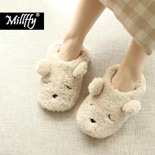 Millffy miss cute cartoon bear winter indoor floor slip home warm plush slippers with heel shoes women