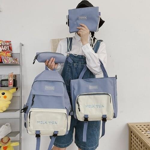 4 Pcs Sets Canvas Schoolbags For Teenage Girls Backpack Women Backbag Cute College Student Fashion Ladies Book Badge Bag