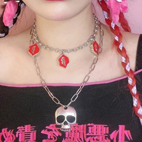 Punk Vintage Skull Red Lips Clavicle Chain Necklace for Women Y2K Fashion Hollow Pendant Necklace Female Simple Gothic Necklaces