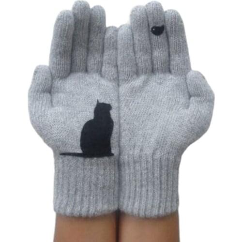 Womens Winter Faux Wool Thick Warm Knit Gloves Funny Creative Cartoon Cat Bird Irregular Patchwork Palm Outdoor Mittens