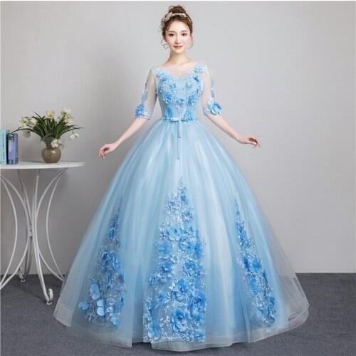 Half sleeve light blue flowers embroidery princess cosplay medieval dress Renaissance gown queen Victoria Belle Ball