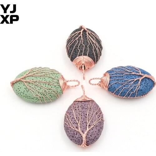 YJXP Oval Shaped Tree Of Life Pendant Dyed Color Natural Lava Stone Wire Winding Ellipse Volcanic Beads Charms Jewelry Component
