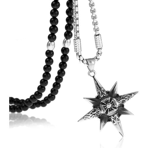 Religion Ethnic Stainless Steel Punk Cross Pendants Necklaces Viking Jewelry with Black Natural Stone Chain 26"