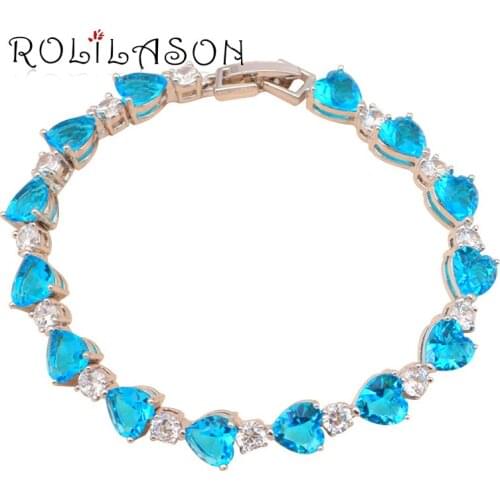 ROLILASON heart shaped seawater blue Zircon Silver bracelet women wedding item Health Nickel Lead free fashion jewelry TB538