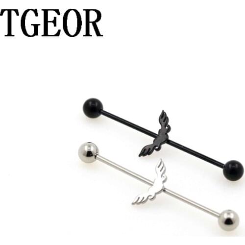 Popular scaffold barbells 1 Pair surgical Stainless Steel 1.2*35*5/5mm heart with wing industrial barbell piercing free shipping