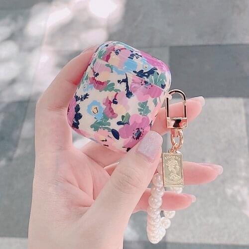 Cute Pearl Bracelet Keychain Retro Flower Pattern Silicone Headphone Earphone Case For Apple Airpods 1 2 Pro Headset Case Cover