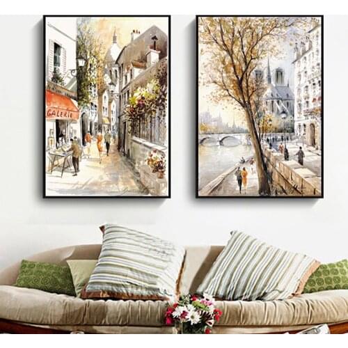 Modern Living Room European Small Town Landscpape Decoration Canvas Painting Watercolor Street View Hotel Home Decoration Art