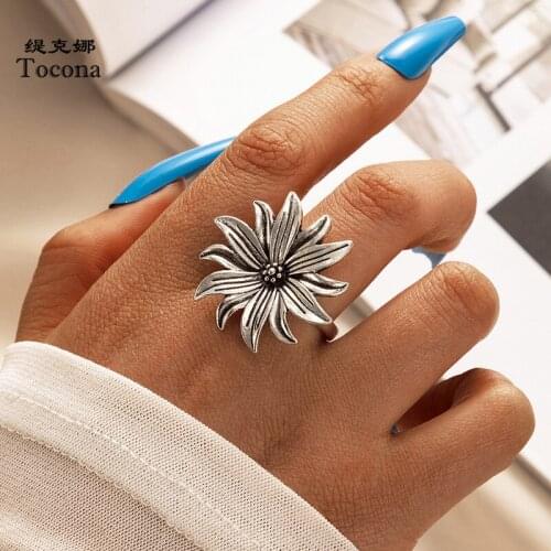 Tocona Boho Big Flowers Joint Ring for Women 2021 New Trendy Silver Color Alloy Metal Single Ring Party Jewelry кольца 17953