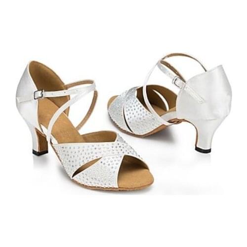 New Women White Satin Rhinestone Salsa Ballroom Tango Dance Shoes Latin Dance Dancing Shoes ALL Size