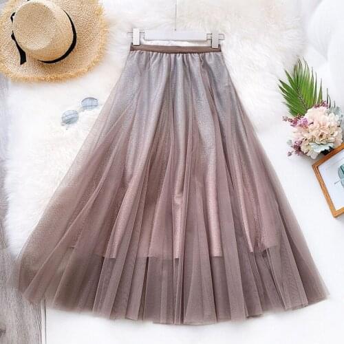 Wasteheart Spring Blue Green Khaki Women Skirts High Waist Pleated Mid Calf Sexy A-Line Long Skirts Mesh Clothing Plus Size
