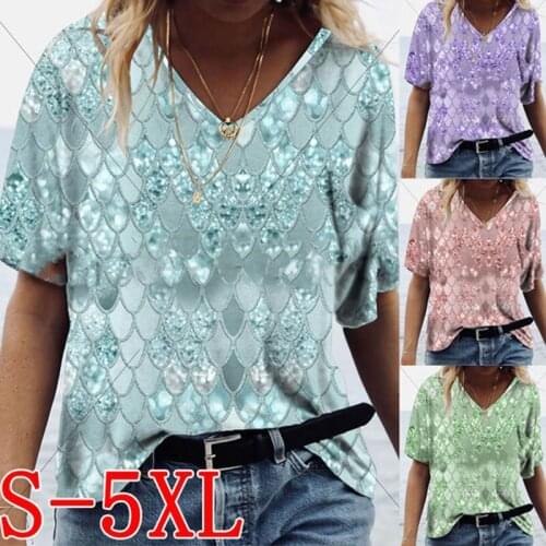 Women Summer Short Sleeve Butterfly Printed V-Neck Tops Casual Loose T-Shirts Plus Size Streetwear Pullover Top Tee