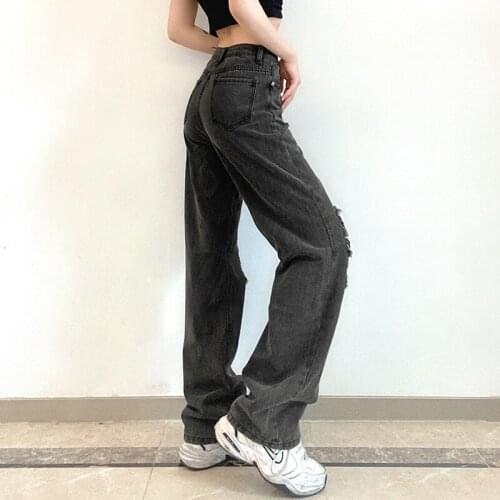 Women Ripped Jeans Baggy Smoky 2021 Gray Elegant Wide Leg Cargo Denim Pants Straight Loose High Waist Trousers Femme Mujer