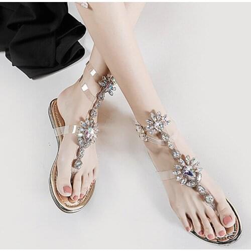 6 colors 34-47 European and American explosion large size color water diamond chain flat bottom Roman pinch female sandals