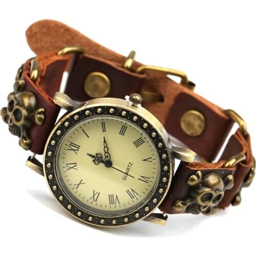 Top Women Vintage Skulls Genuine Leather Bracelet Punk Wristwatch Urban Girl Fashion