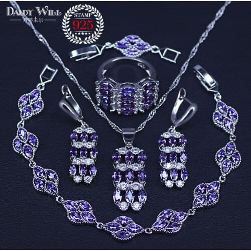 Silver Color Jewelry Sets Purple Crystal White Zirconia For Women Long Earring Pendant Necklace Ring Bracelet Free Gift Box