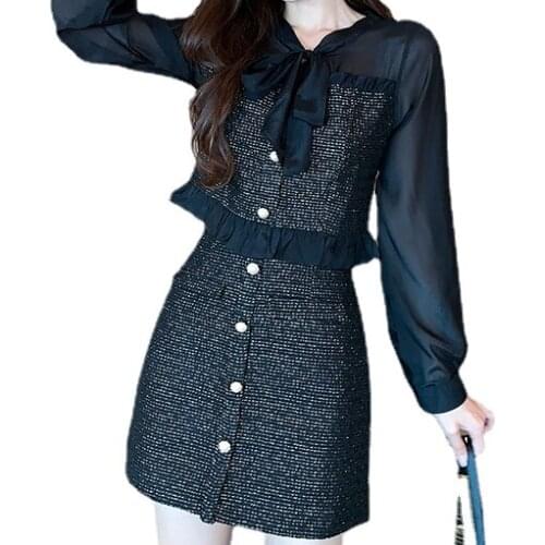 Korean Suit Two Piece Outfits For Women Lace Up Reffles Short Tops A-line Mini Skirts Office Lady Autumn Sweet 2 Piece Set Mujer