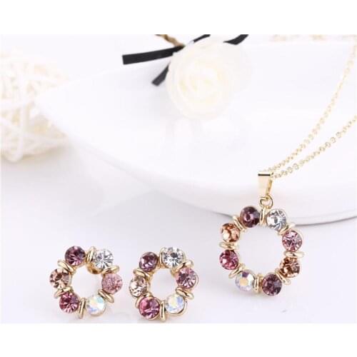 Women Circle Jewelry Set Colorful Treasure European and American Style Jewelry Ring Necklace Earrings Two-Piece Set