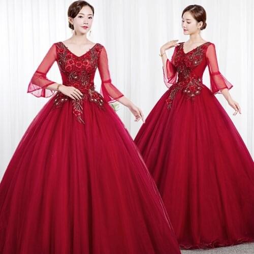 New Stock Burgundy Watermelon V-Neck Lace Quinceanera Dresses 2021 Ball Gown Prom Dress Sweet 16 Gown Corset Vestidos De 15 Anos