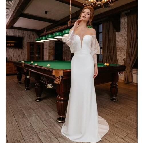 Mermaid Vestito De Novia Long Puff Sleeves Wedding Dress Satin Women Bridal Gowns Off The Shoulder Lace Sweep Train Elegant 2020