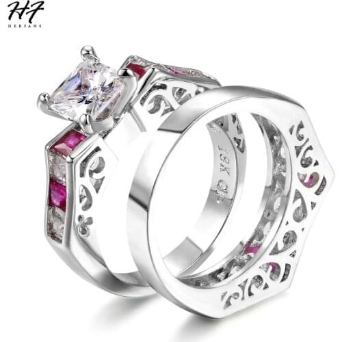 2021 New Style Luxury Square Pink CZ Stone 2PCS Ring Sets Silver Color Fashion Cocktail Party Jewelry For Women HotSale DD018