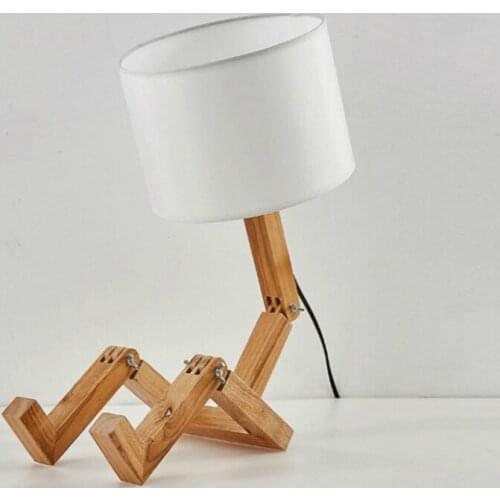 Nordic Simple Wood Humanoid Robot Fabrics Lampshade Desk Lamps for Study Bedroom Beside Light Fixtures Living Room Table Decor