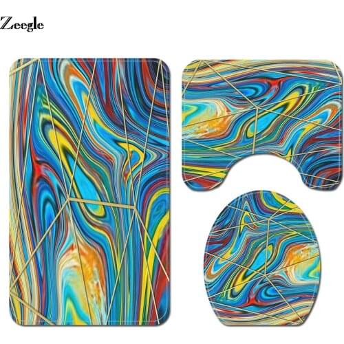 Abstract Geometric Bathroom Floor Mat 3PCS/Set U-Shaped Toilet Rug and Non-slip Foot Rug Toilet Rugs Carpet Home Carpet Bathroom